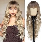 NAYOO Blonde Wigs with Bangs for Women Long Curly Wavy Hair Wigs Heat Resistant Synthetic Fiber Wigs for Daily Party Use 24 Inches (Ombre Dirty Blonde)