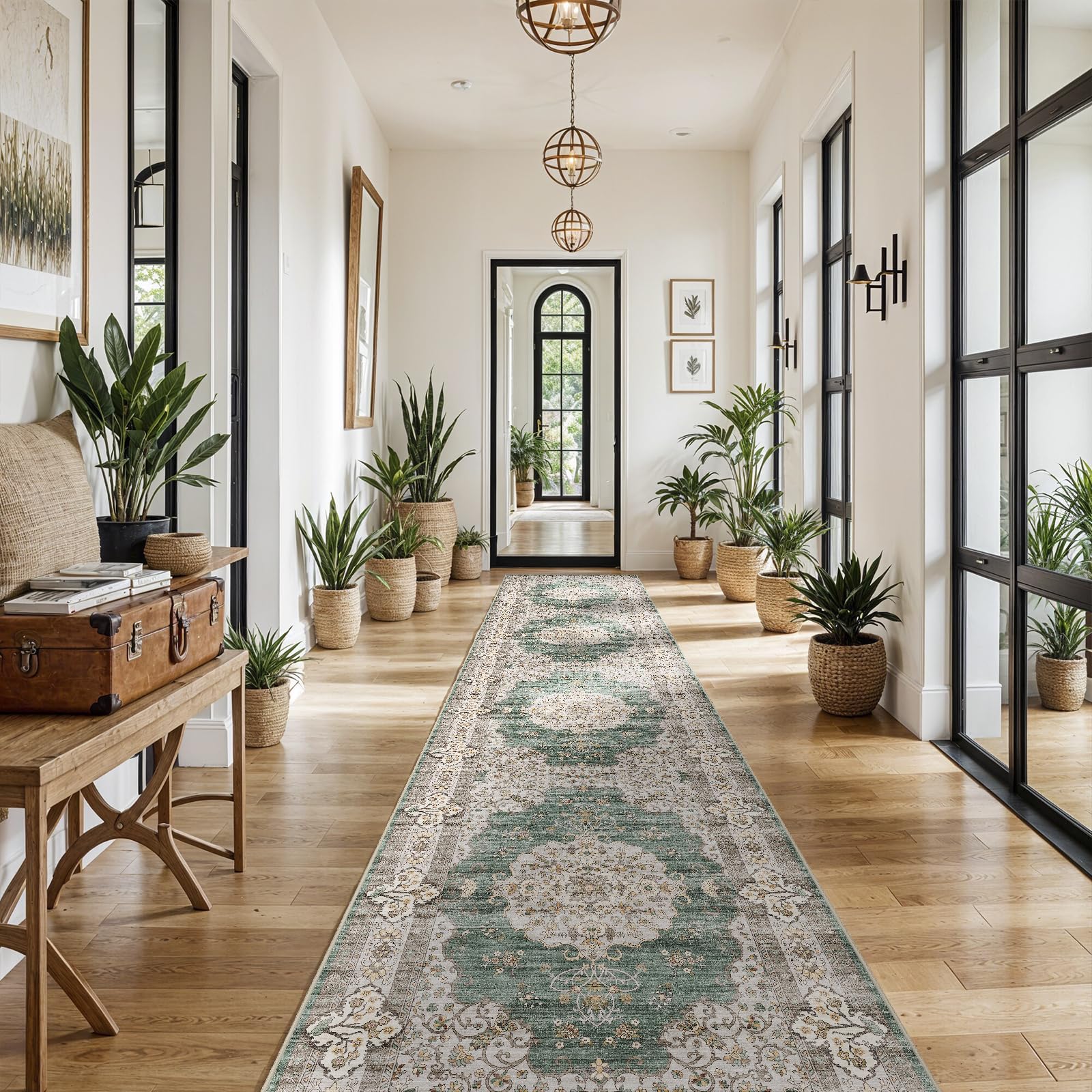 3x16 Washable Hallway Runner Rug:Oriental Indoor Kitchen Rugs Vintage Door Mat Non Slip with Rubber Backing Low Pile Thin Carpet for Bedroom Bathroom Living Room Bedside (3x16 Green/Beige) Image