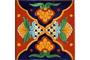 FINE CRAFTS & IMPORTS Fine Crafts Imports 6x6 4pcs Talavera Mexican Tile - Glue Down Installation - Decorative Tiles - Terracotta, Blue, Yellow - 1 sq ft