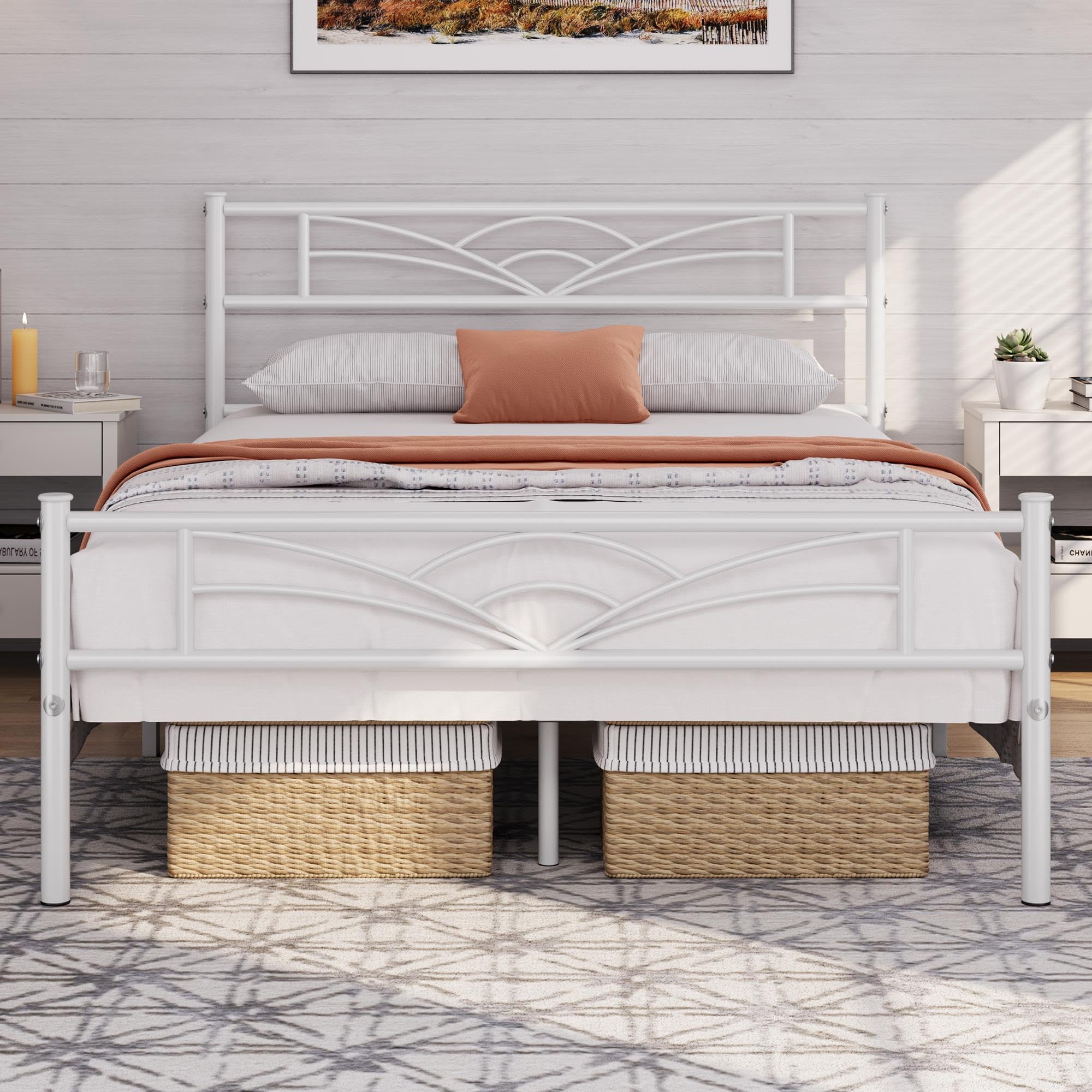 Yaheetech Full Size Bed Frames Metal Platform Bed Mattress Foundation with Cloud-Inspired Design Headboard/Footboard/Ample Under Bed Storage/No Box Spring Needed/White Image