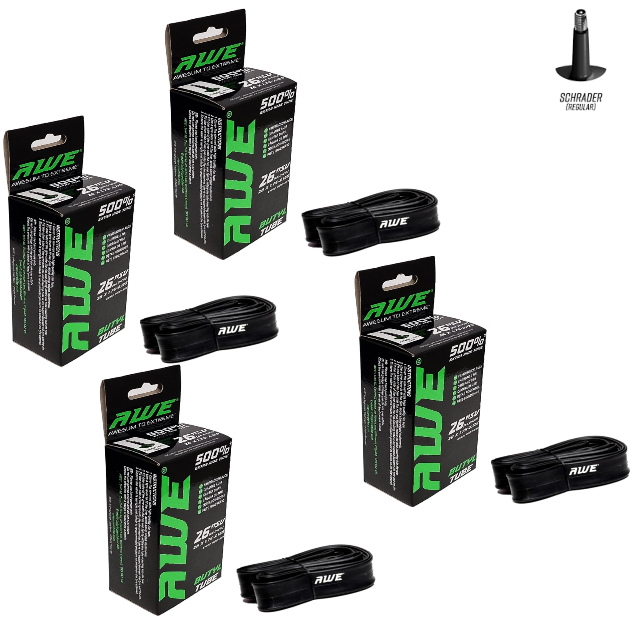 4 X AWE Butyl Rubber 26 Inch Inner Tubes 500%* Extra Ride Time 26 x 1.75-2.125 Schrader Valve