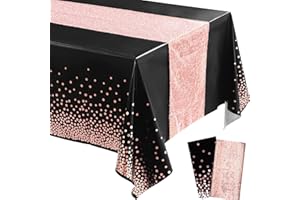 Irenare Tablecloth and Sequin Table Runner Set Polka Dots Confetti Table Cover Dining Plastic Tablecloths Glitter Decorations for Birthday Wedding Anniversary Party Supplies(Black, Rose Gold,2 Pcs)