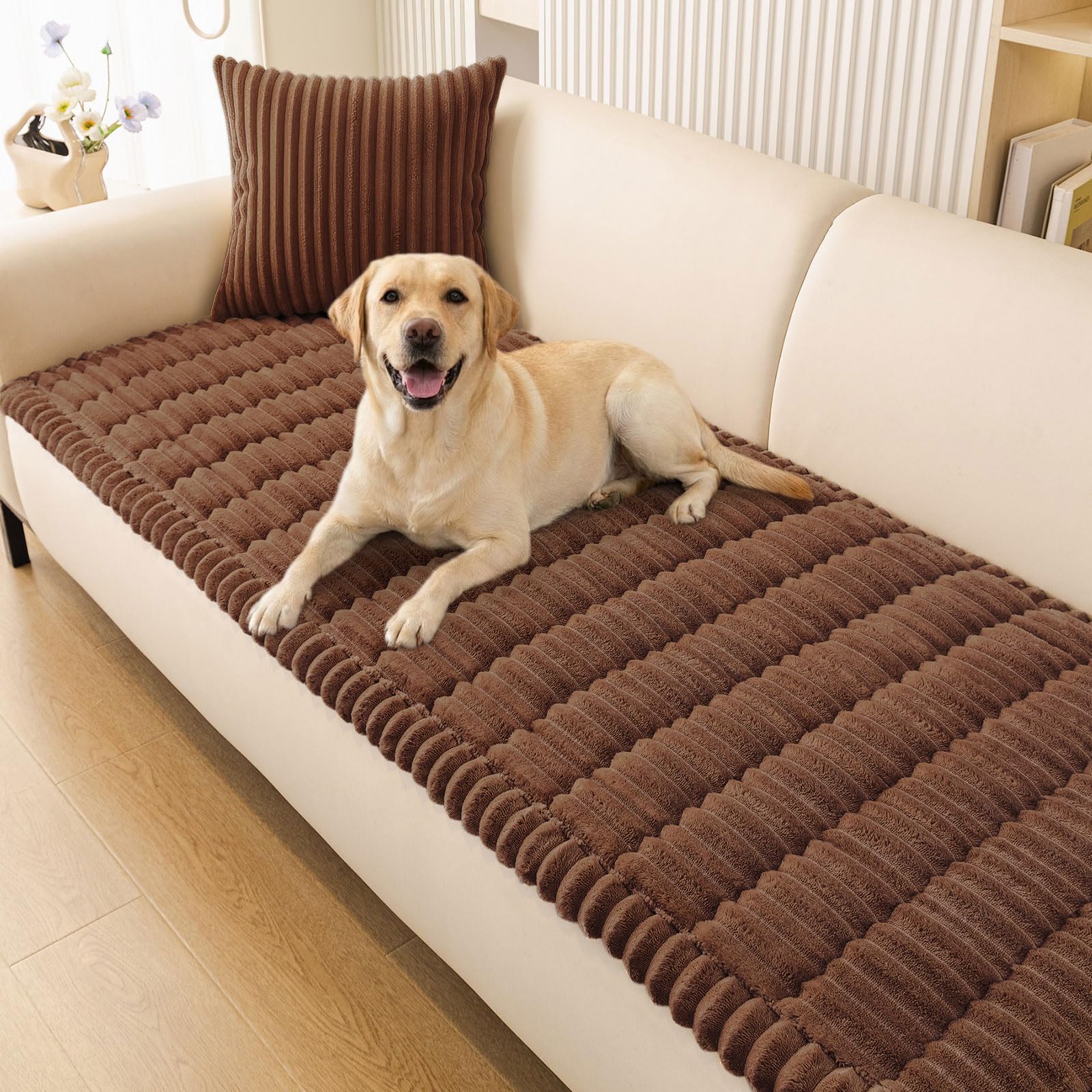 Photo 1 of Smiry Couch Cover for Dogs Washable, Non Slip Fuzzy Pet Couch Covers for 3 Cushion Sofa Pet Friendly, Thick Soft Sofa Slipcovers Cushion Protector (Brown, 27.6" x 27.6")