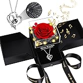 Pasuvsigt Valentines Day Rose Gifts for Her, Preserved Real Rose with I Love You Heart 100-Language Necklace, LED Lights & Music Box, Anniversary Birthday Valentines Gifts for Women Girlfriend Mom