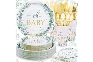 Gudvilla 168 PCS Sage Green Baby Shower Decorations Neutral, Baby Shower Plates and Cups and Napkins Sets Serves 24, Oh Baby 