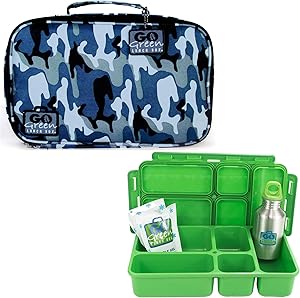Go Green Lunch Box Set • 5 Bento Compartment Leak-Proof Lunch Box • Insulated Carrying Bag • Beverage Bottle • Gel Freezer Pack | Adults and Kids (Blue Camo)