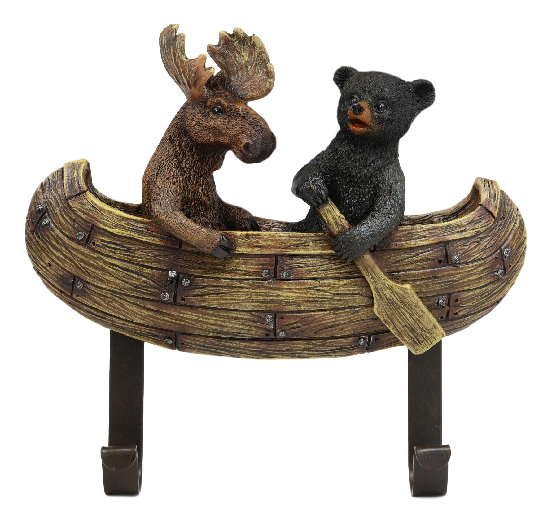 Ebros Whimsical Forest Creek Buddies Rustic Black Bear and Elk Moose Rowing Boat Canoe 2 Pegs Wall Hooks 7" Wide Hanger Bears Deers Elks Wall Mount Coat Hat Keys Hook Decor Hanging Sculpture Plaque