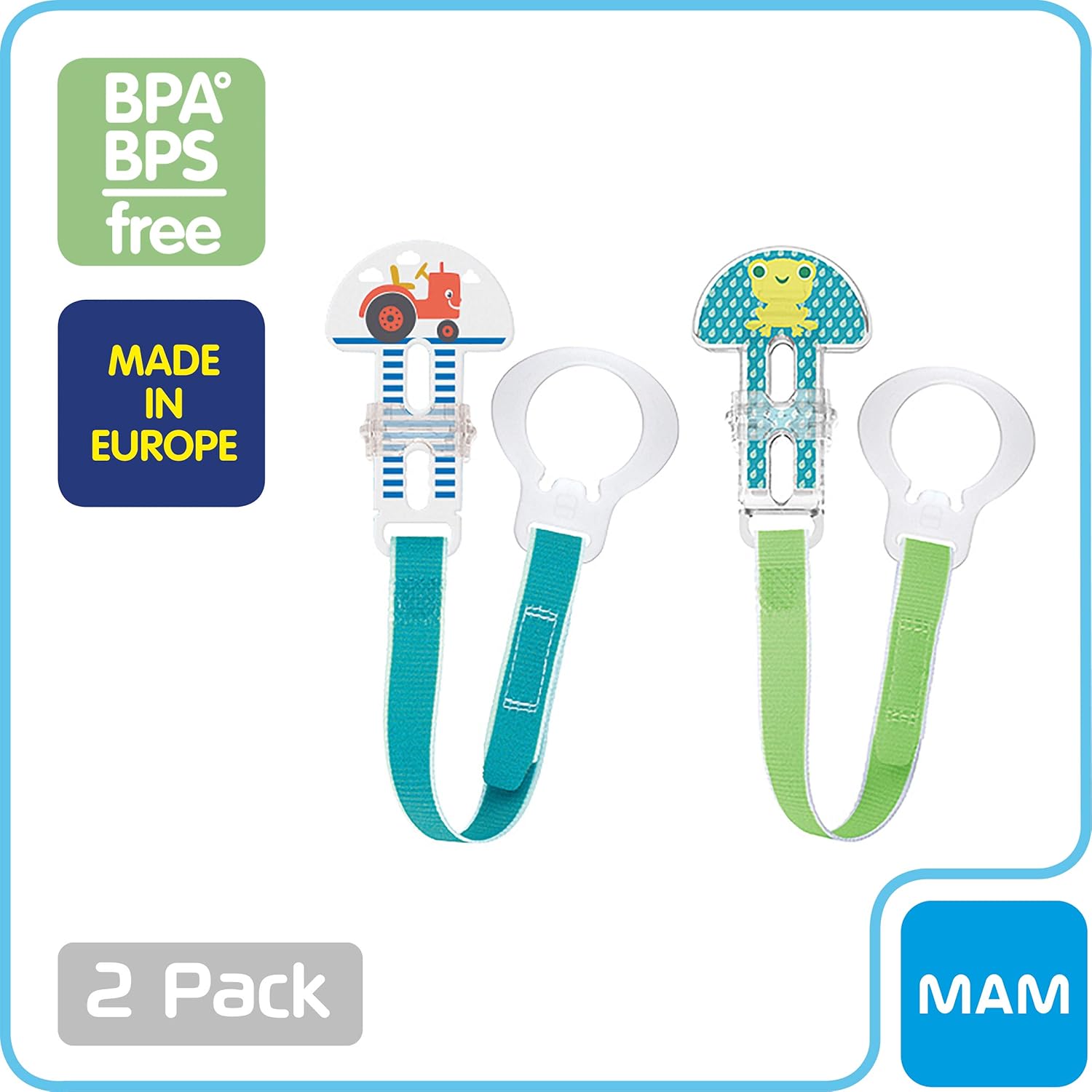MAM I Love Mommy Pacifier Clips (2 Clips), Clips for Pacifiers With Fasteners and Flexible Rings, Pacifier Clips for Boys, Designs May Vary: Baby