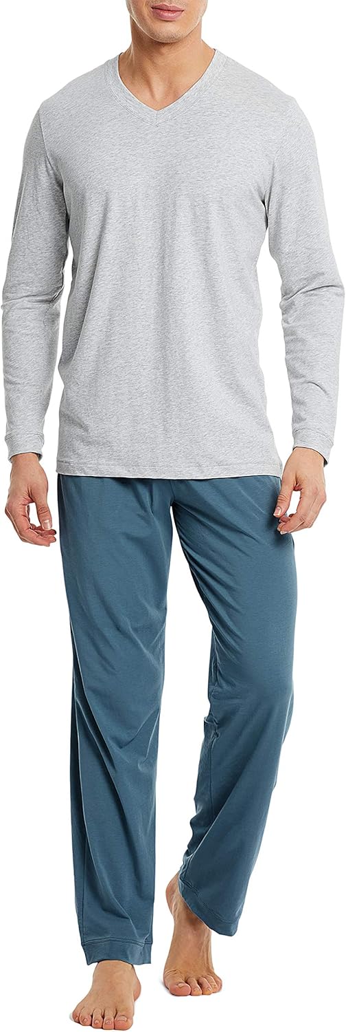 DAVID ARCHY Men's Cotton Sleepwear PJs V-Neck Lounge Wear Top and Bottom Long Pajamas Set at  Men’s Clothing store