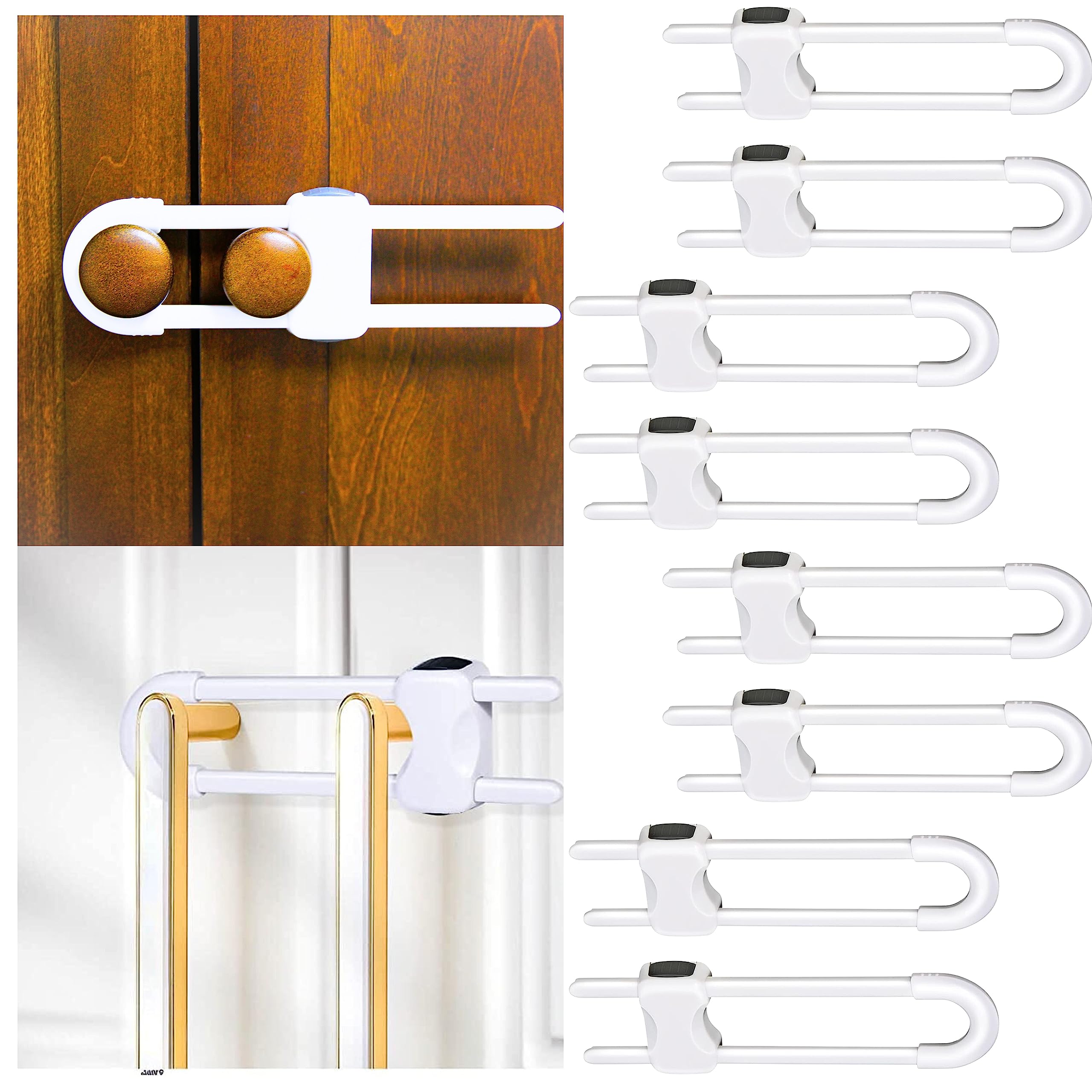 CHEEKY MONKEY 8 Pack Cupboard Locks for Children & Baby Proofing for Both Cabinet Knobs and Cabinet Handles. U Shaped Easy Slide Baby Drawer Safety Lock to Keep Your Child Safe
