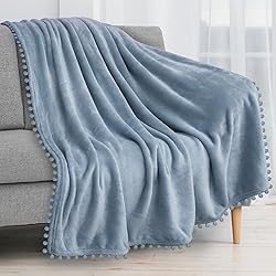 PAVILIA Dusty Blue Throw Blanket Pom Pom for