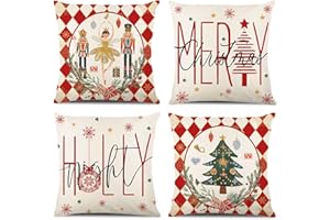 ONFAON Merry Christmas Joy Xmas Trees Red Throw Pillow Covers, 18 x 18 Inch Christmas Winter Holiday Cushion Case Decoration for Sofa Couch Set of 4