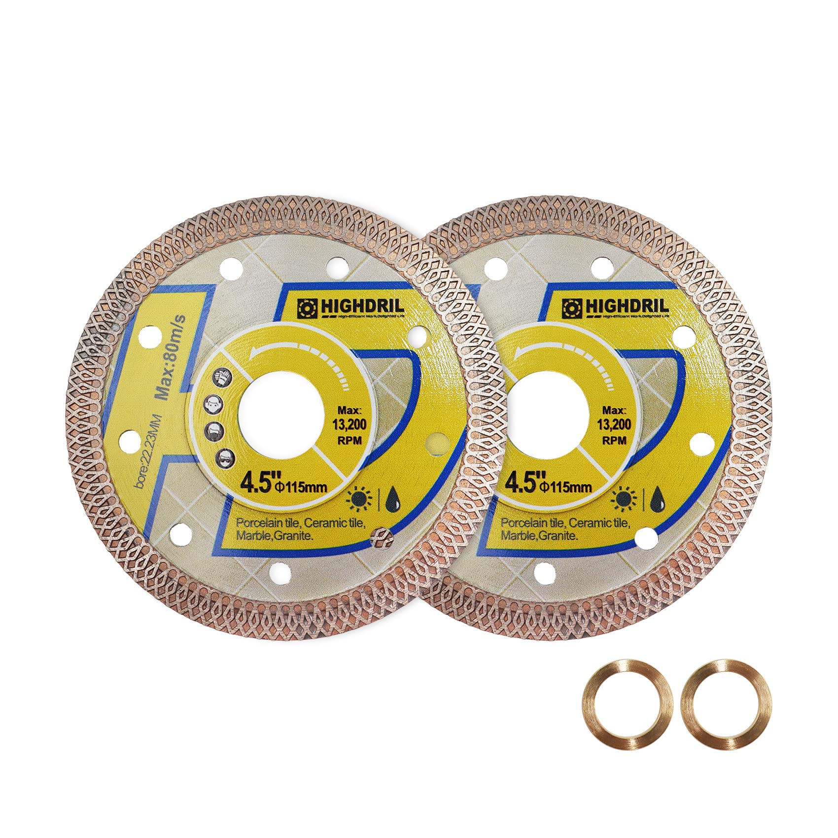 HIGHDRIL Diamond Saw Blade - 2pcs 115MM/4-1/2 Inch Diamond Tile Blade Disc Cutting Porcelain Tile Ceramic Granite Marble Dry or Wet Use Circular Saw Blade with Turbo X Mesh