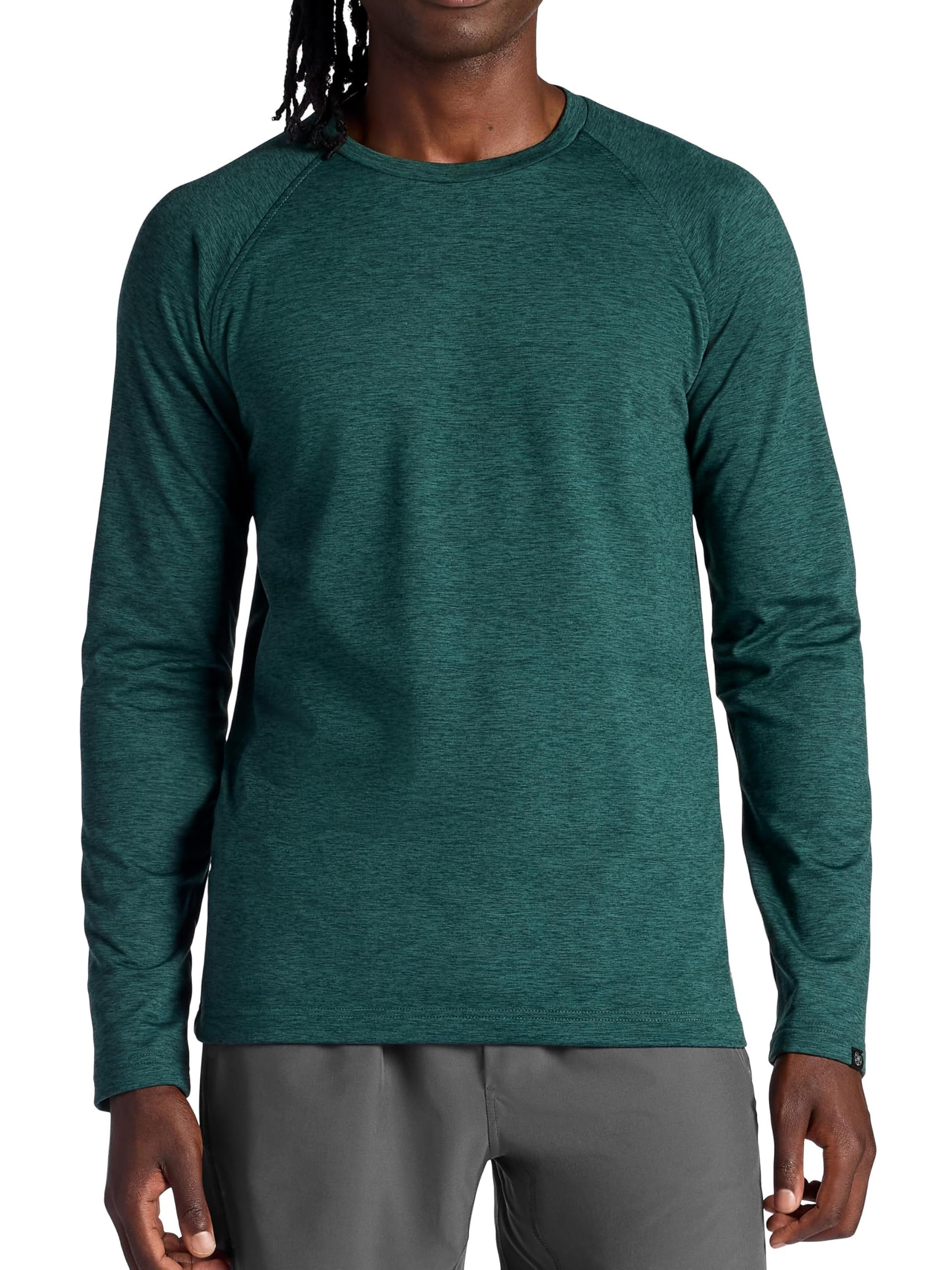 Gaiam Men’s Power Long Sleeve Crewneck Top, Standard Fit, Stretch Heavyweight Fleece Material, Pine Grove Heather, Large