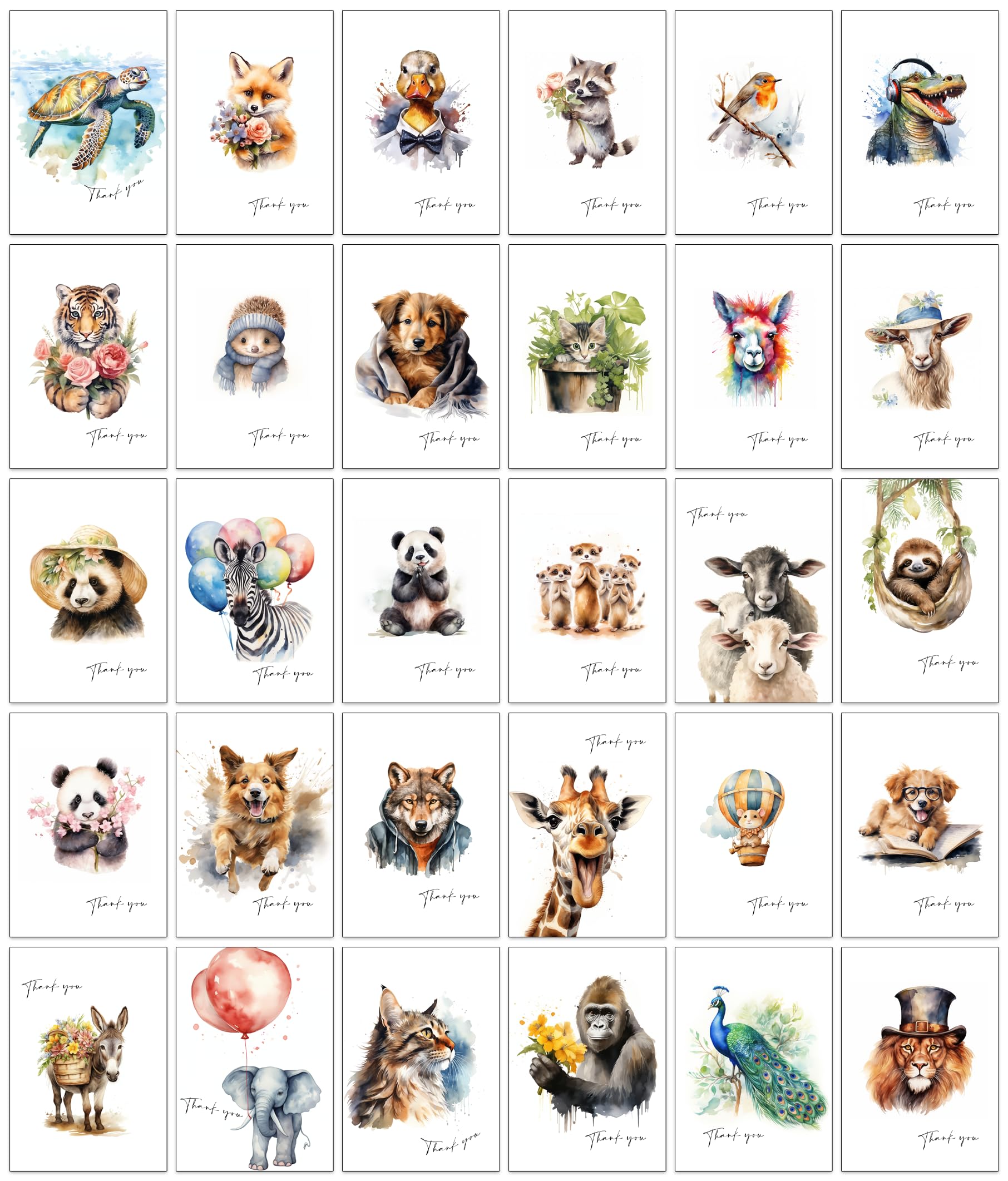 30 Animal Thank You Cards - 30 Different Watercolour Drawings of Animals to Say Thanks with Envelopes