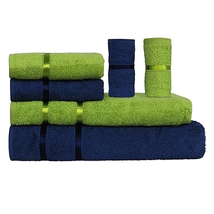 Story@Home 6 Pieces 450 GSM Cotton Towel Set for Couples - Navy and Lime