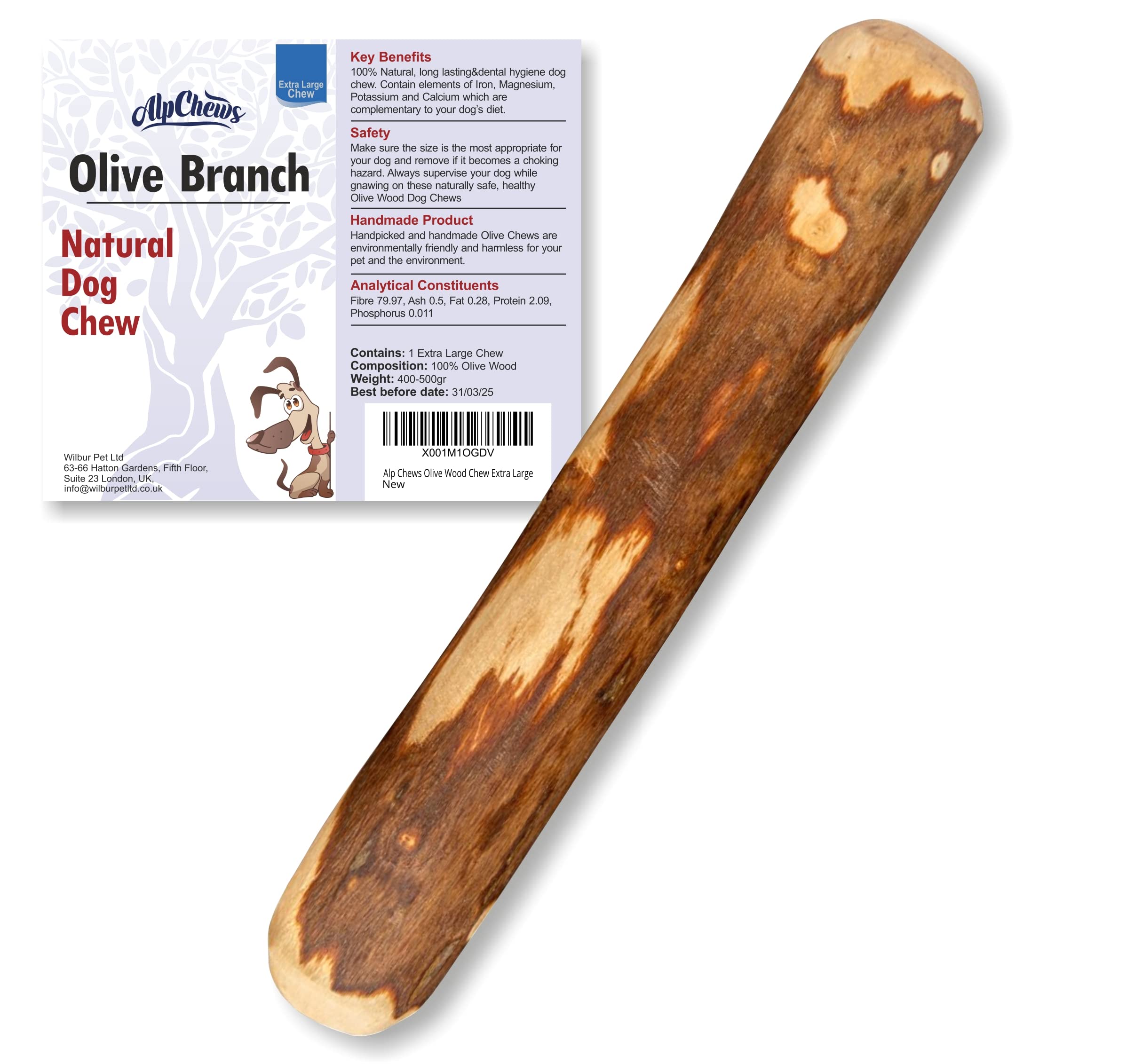 Alp Chews Olive Wood Dog Chew Extra Large Olive Branch for Dogs Dental Chew Toy