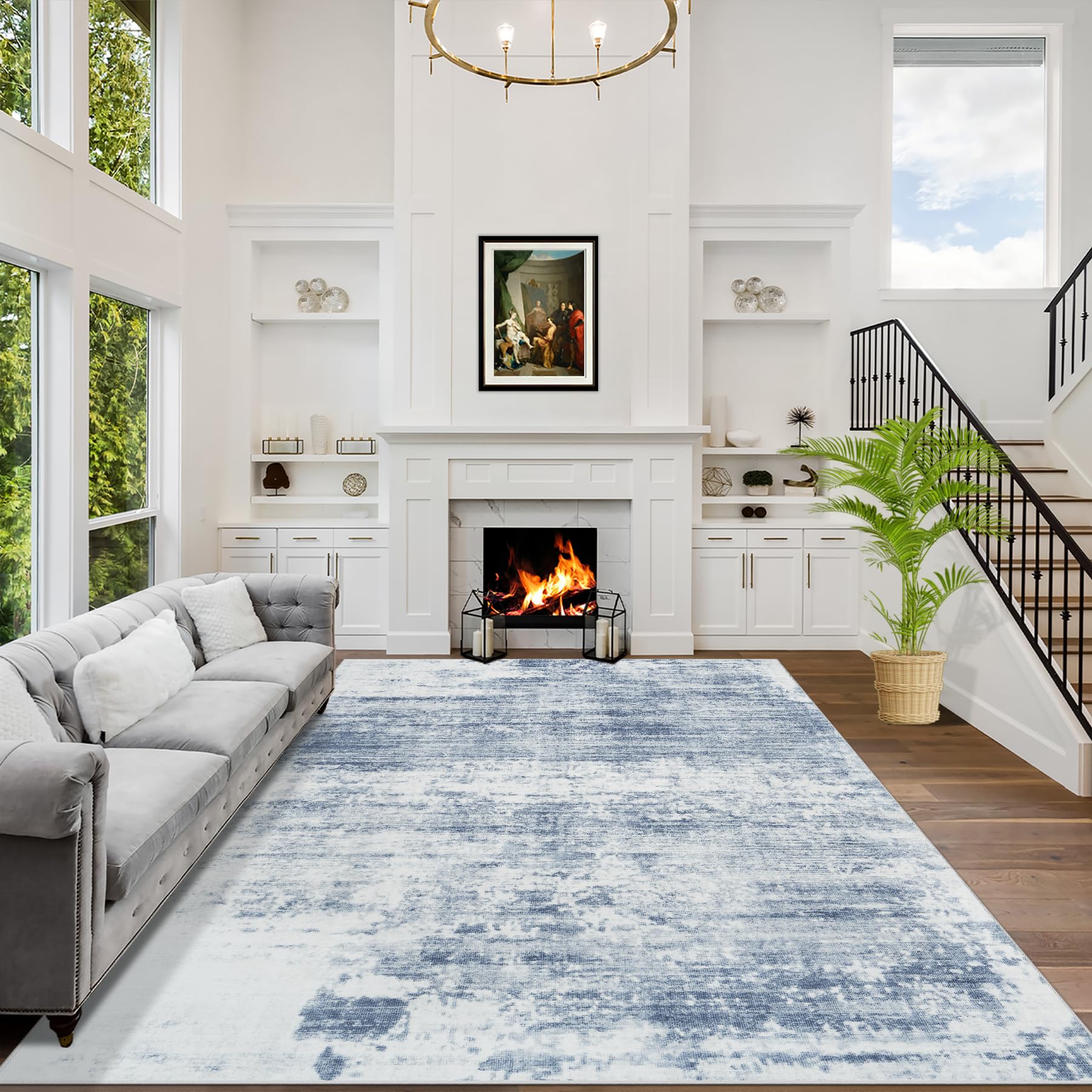 10x14 Area Rugs Washable Rug: Modern Abstract Living Room Rug Soft Anti-Skid Thin Carpet Indoor Floor Non-Shedding Carpets for Bedroom Dining Room Farmhouse Nursery Home Office Blue White Image