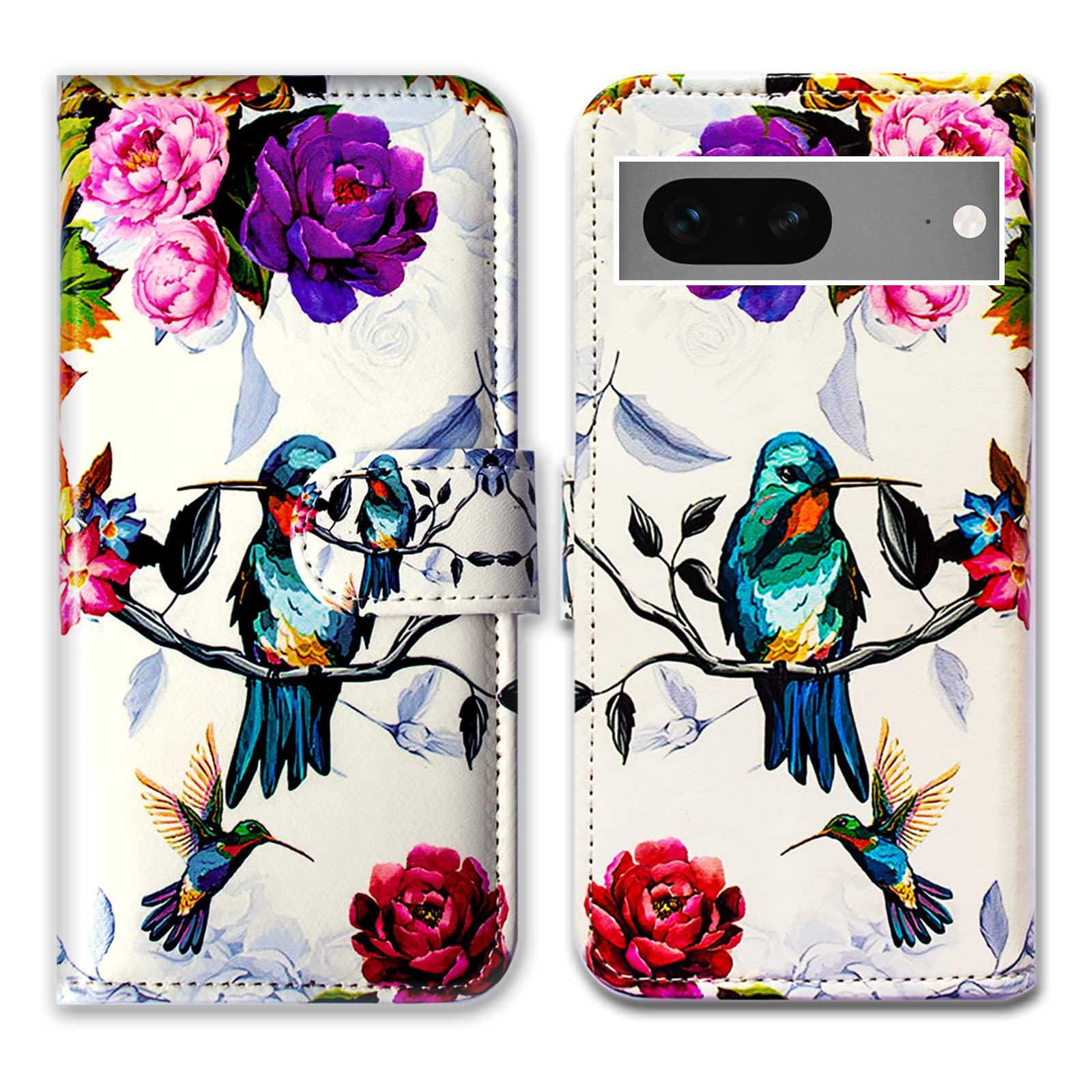 Bcov Pixel 7 Case, Hummingbird In Flowers Bird Leather Flip Phone Case Wallet Cover with Card Slot Holder Kickstand For Google Pixel 7