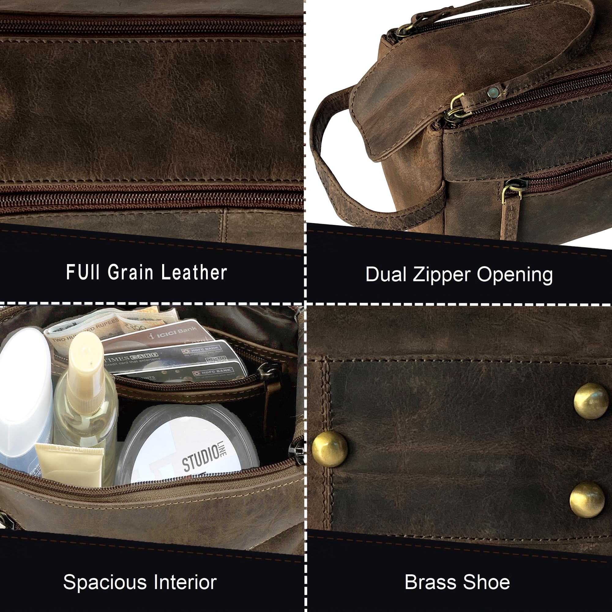 RUSTIC TOWN Buffalo Leather Toiletry Bag : Vintage Travel Shaving & Ditty Kit : for Toiletries, Cosmetics & More : Spacious Interior & Waterproof Lining : Compact, Fits Easily in Luggage