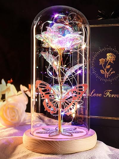 Beferr Eternal Rose Gift in Glass Dome Colorful LED Light Up Flower for Mom Wife