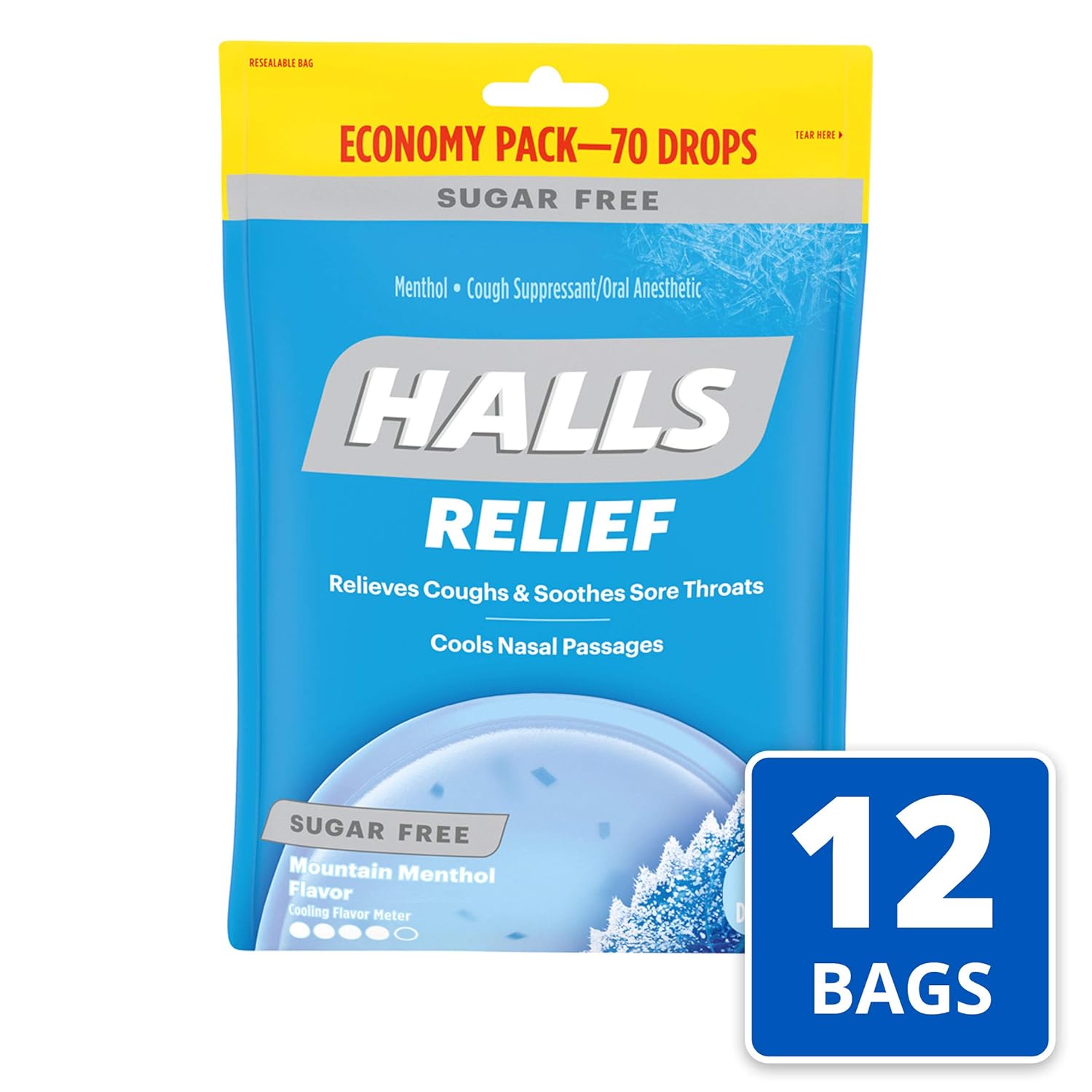 HALLS Relief Mountain Menthol Sugar Free Cough Drops, Economy Pack, 12 Bags of 70 Drops (840 Total Drops) : Grocery & Gourmet Food