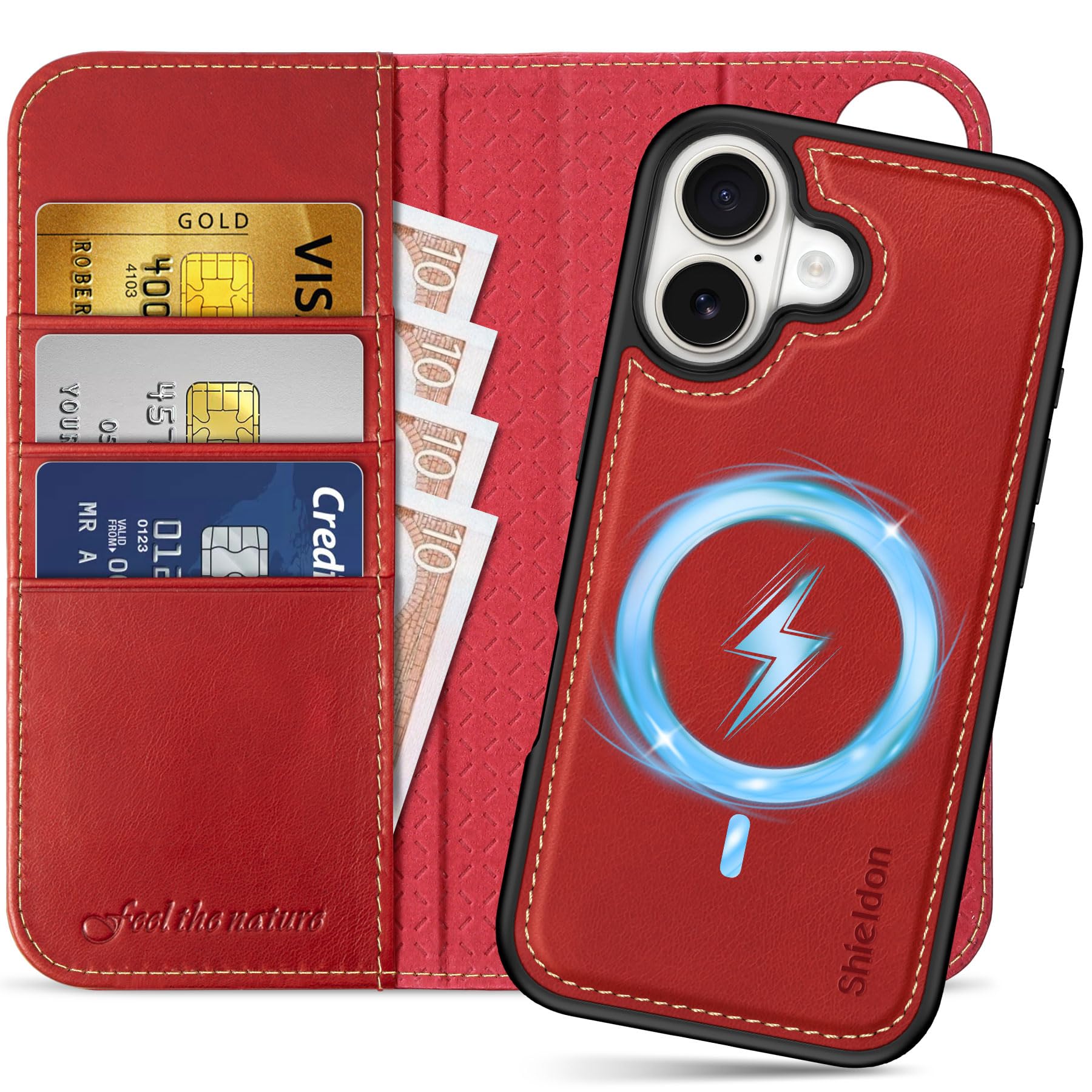 Photo 1 of SHIELDON Genuine Leather Wallet Case for iPhone 17 6.3-inch 2025 | Detachable | Wireless Charging | Folio Magnetic | RFID Blocking Card Holder | Kickstand | Shock Absorption | Retro Red