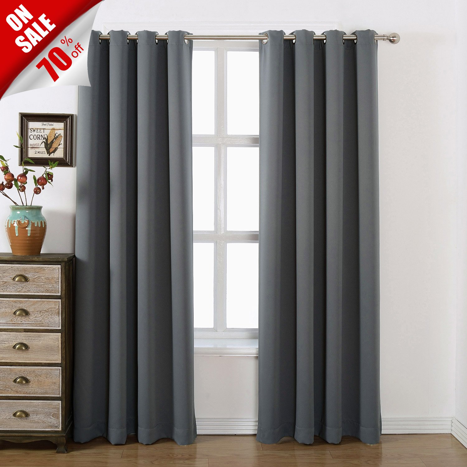 Grommet Top Blackout Curtains With Tie Back Charcoal Grey 52x84Inch