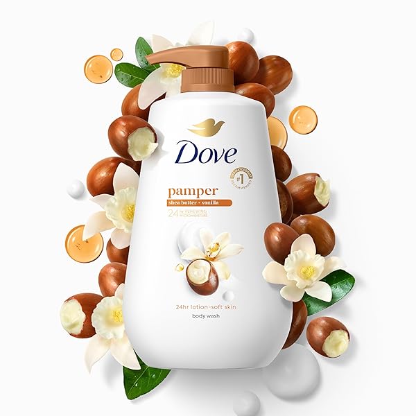 DOVE BODY WASH WITH PUMP PAMPER SHEA BUTTER & VANILLA FOR 24HR LOTION-SOFT SKIN MOISTURIZING SKIN CLEANSER WITH NO SULFATES NO PARABENS 30.6 OZ