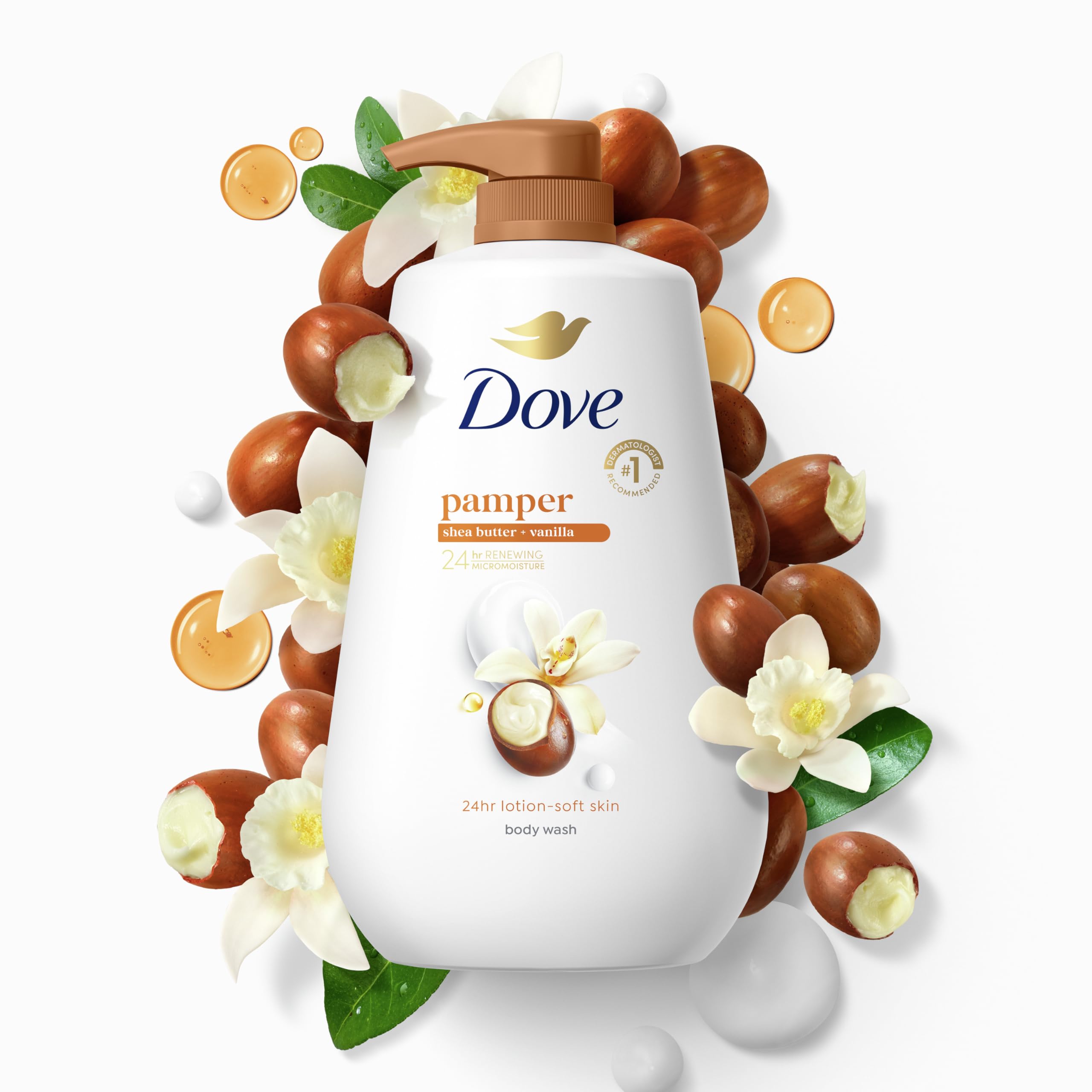 Dove Body Wash with Pump Pamper Shea Butter & Vanilla for 24hr Lotion-Soft Skin Moisturizing Skin Cleanser with No Sulfates No Parabens 30.6 oz