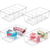 Vtopmart 4 Pack Food Storage Organizer Bins, Clear Plastic, 4 Compartments | For Pantry, Kitchen, Fridge and Cabinet Organiza