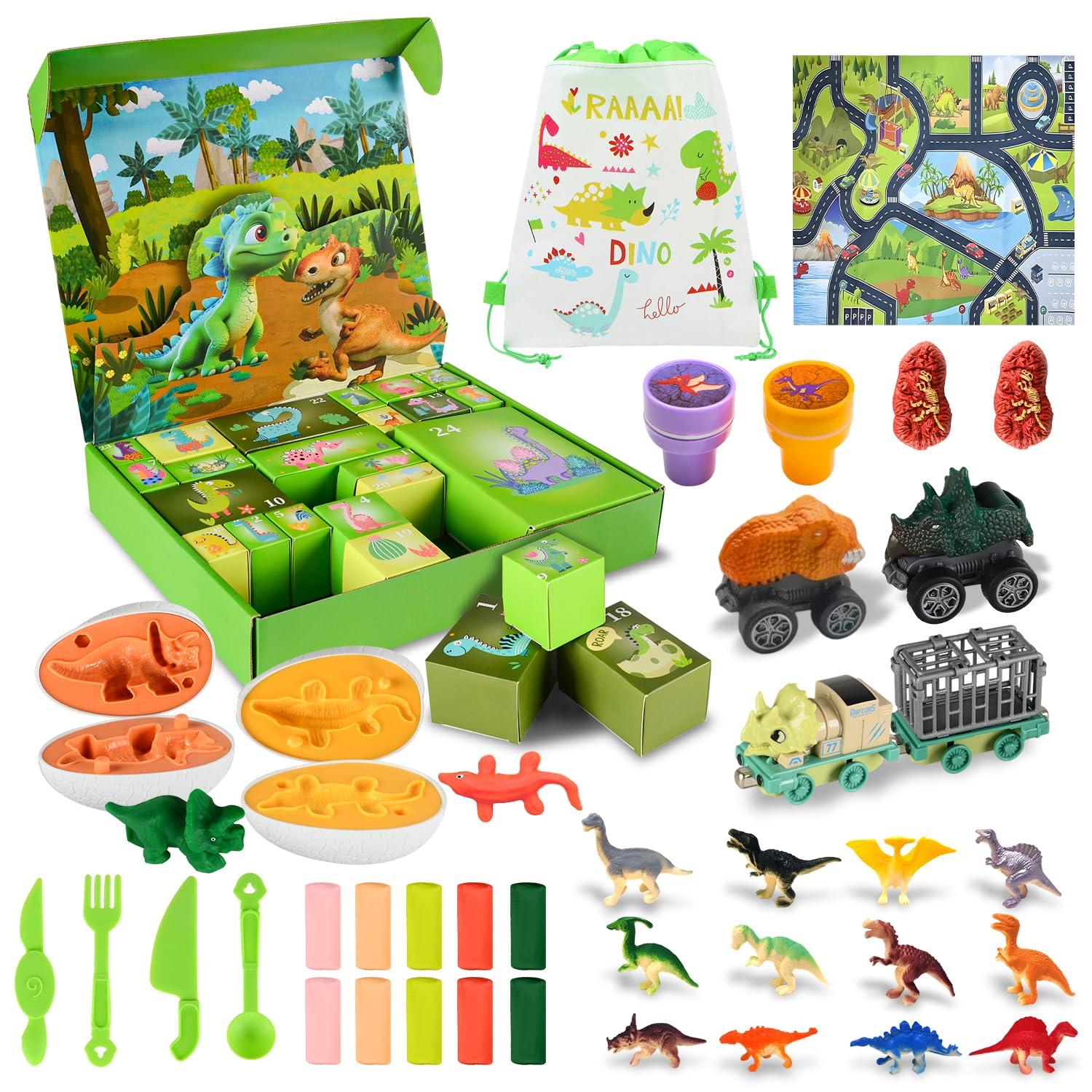 Dinosaur Advent Calendar 2025 Kids Boys, 24 Days Christmas Countdown Calendar, Dinosaur Car Toys with Game Map, Christmas Surprise Gift for 4 5 6 7 8 Year Olds
