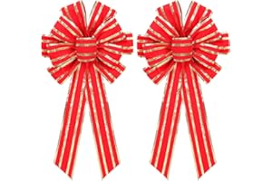 RoseCraft 2PCS Red/Gold Christmas Bow, 9”x13” Large Velvet Christmas Tree Topper Bow Ornaments for Home Xmas Tree Wreath Fence Stairs Railing Fireplace Front Door Party Valentine's Day Decoration.
