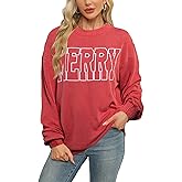 Women Merry Shirt Christmas Long Sleeve Shirt Merry Letter Print Pullover Holiday Sweatshirt Xmas Gifts Pullover Top