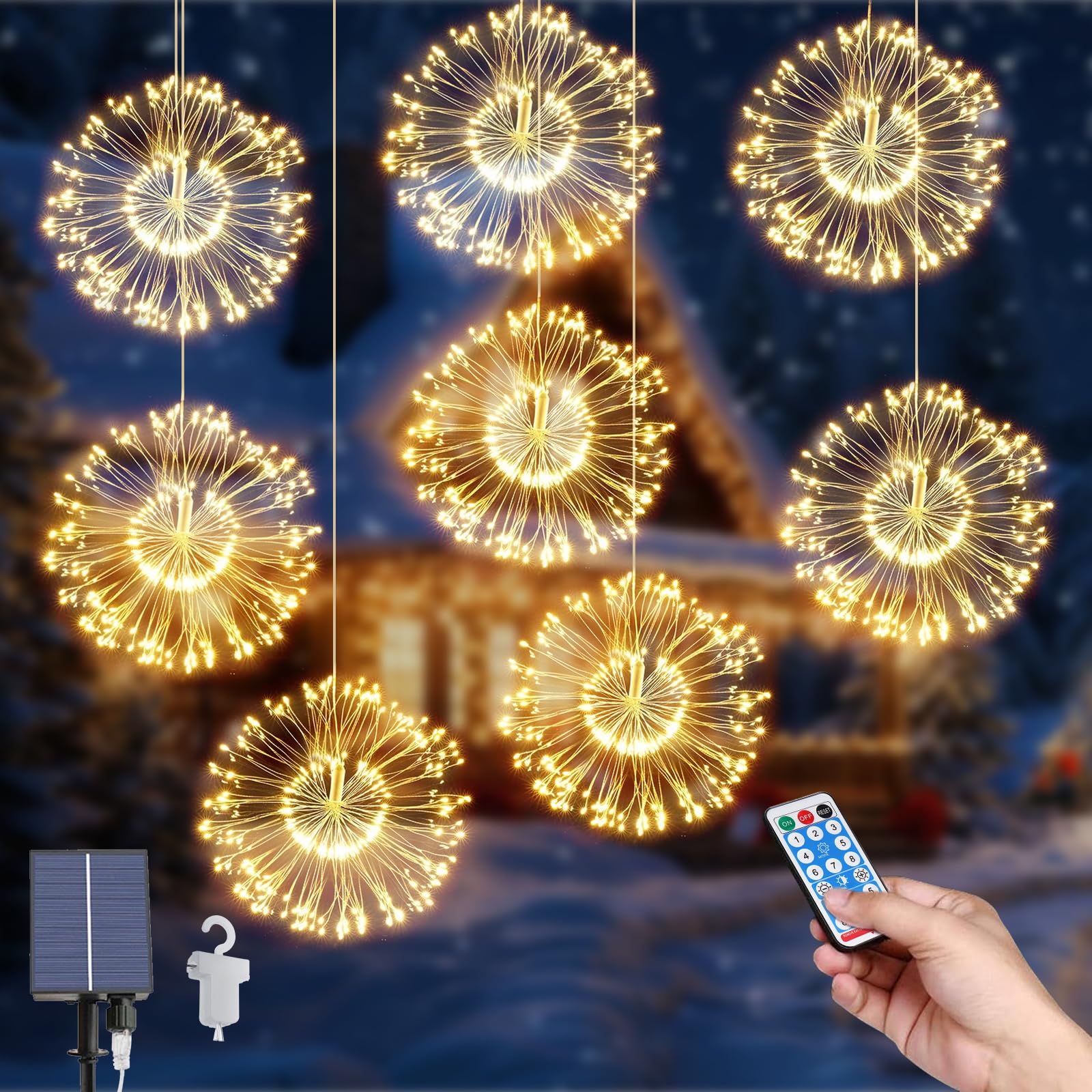 Solar Fairy Lights - 8Pack Hanging Starburst Sphere Lights, 800 LEDs, 8 Modes, Waterproof Copper Wire, Remote Control for Home Party Xmas Decorations â image 1