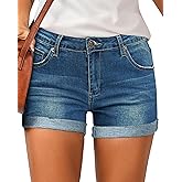 LookbookStore Women's High Waisted Rolled Hem Distressed Jeans Ripped Denim Shorts