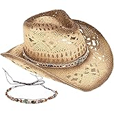 Men's Women's Straw Cowboy Hat Cowgirl Woven Sun Hat Western Cowboy Hat Two Decorative Bands