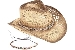 FOERAN Men's Women's Straw Cowboy Hat Cowgirl Woven Sun Hat Western Cowboy Hat Two Decorative Bands