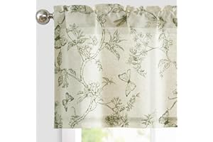 Lazzzy Green Floral Valance Curtain Linen Farmhouse Valance for Kitchen Living Room Bedroom Country Valances Window Treatments Small Window Cafe Curtain 16 Inch Rod Pocket 1 Panel Green on Beige
