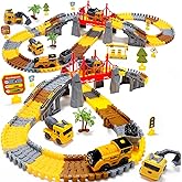 EagleStone Construction Toys Race Track Set 206 PCS for Kids, Flexible Train Tracks with 1 Electric Train, Excavator, Cement 
