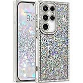 LAPOPNUT for Samsung Galaxy S25 Ultra Case,Glitter Sparkly Crystal Diamond Rhinestones Rectangle Edge Phone Case for Girls Women,Cute Bling Sequin Shockproof Raised Camera Protection Cover,Silver