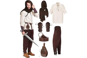 MEISTUIK 6 Pcs Men's Renaissance Viking Costume Medieval Pirate Shirt Pant Accessories Set for Halloween