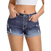 roswear Women’s Mid Rise Stretchy Ripped Cuffed Denim Jean Shorts