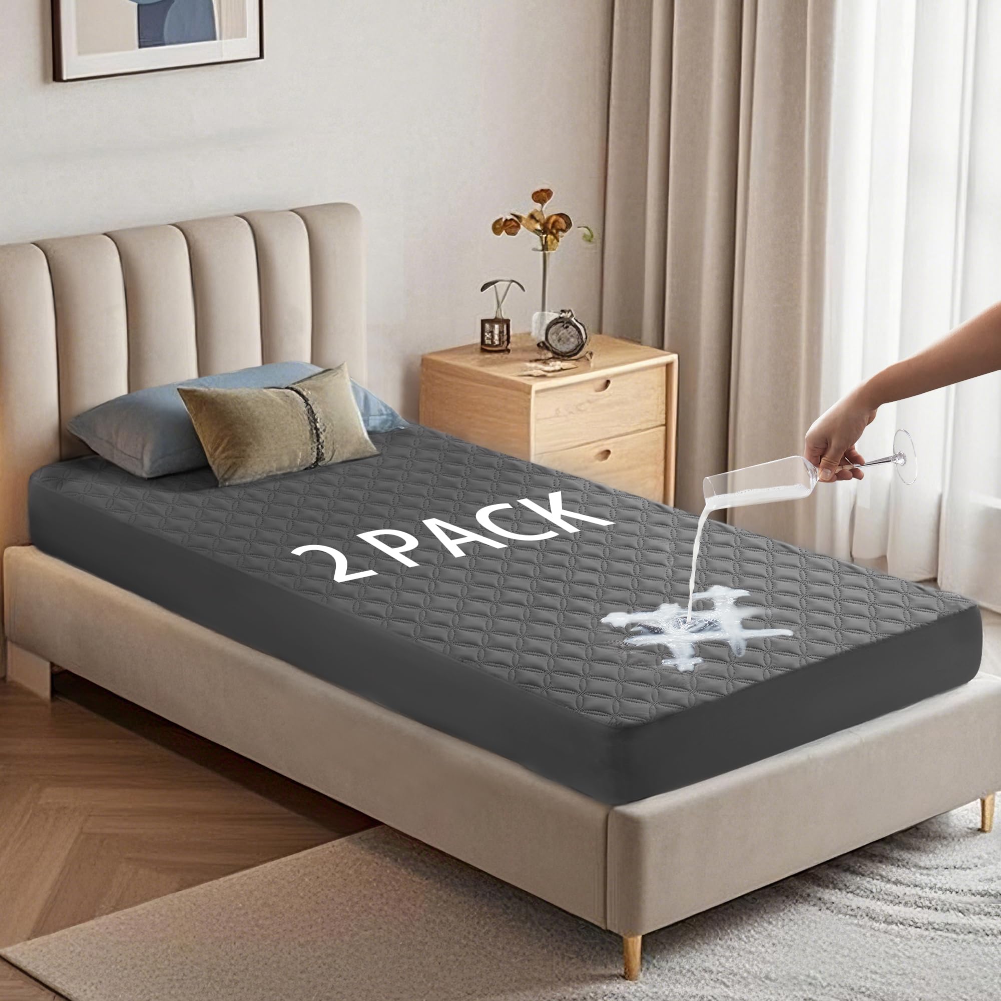 Photo 1 of 2 Pack Waterproof Mattress Protector, Twin XL Size Mattress Pad with Deep Pocket 6"-15" Depth, Soft Breathable Dirt-Proof Single Bed Mattress Cover for Bedroom, Dorm Room (Gray)