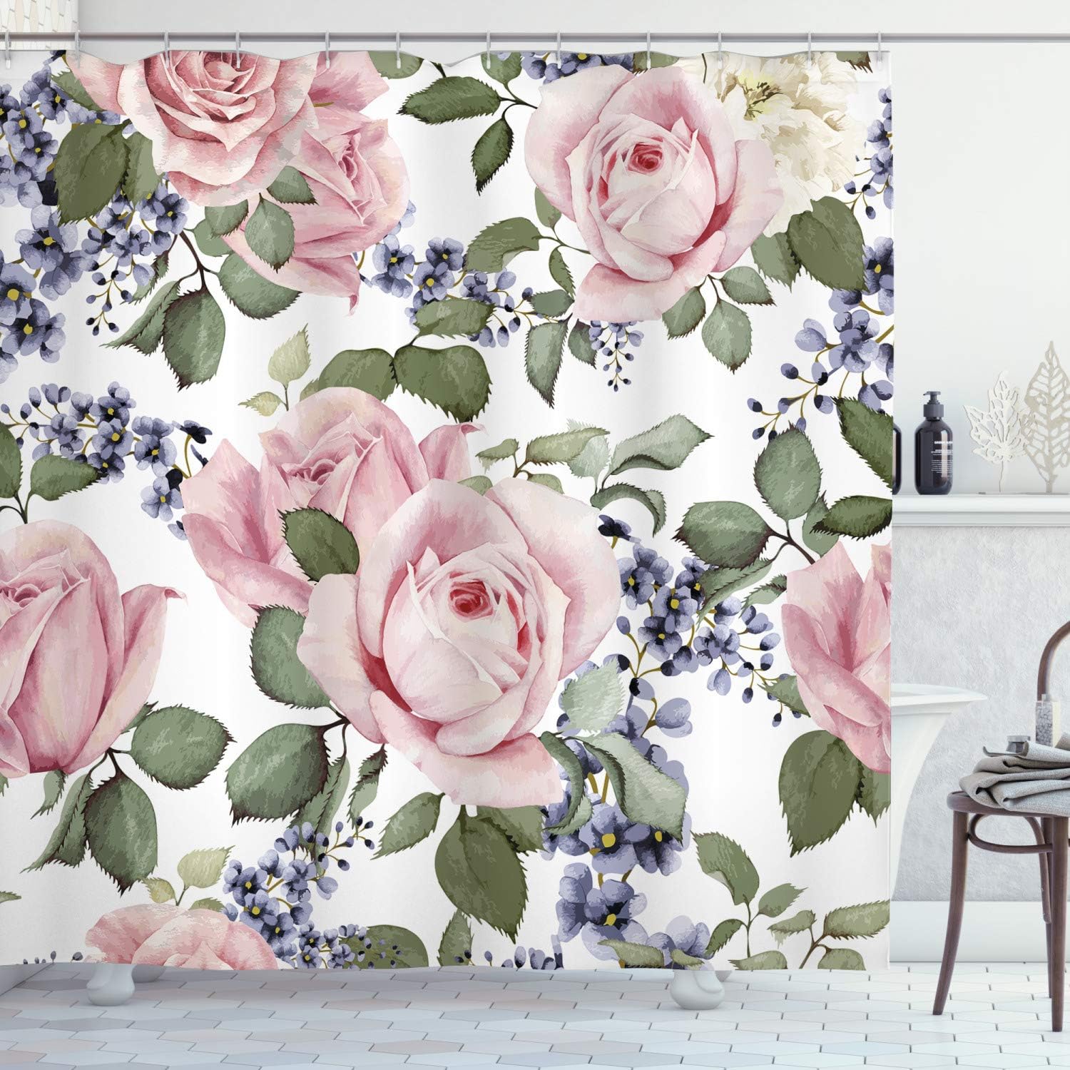 Abakuhaus Rose Shower Curtain Flourishing Pink Flora Cloth Fabric Bathroom Decor Set With Hooks 94 Inches Pale Pink Green Bluegrey Amazon Co Uk Kitchen Home