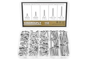 Kindroufly 112 Pieces #10 x 1/2" 3/4" 1" 1-1/4" 1-1/2" Phillips Countersunk Head Self-Tapping Screws, Wood Screws Assortment Kit, 304 Stainless Steel