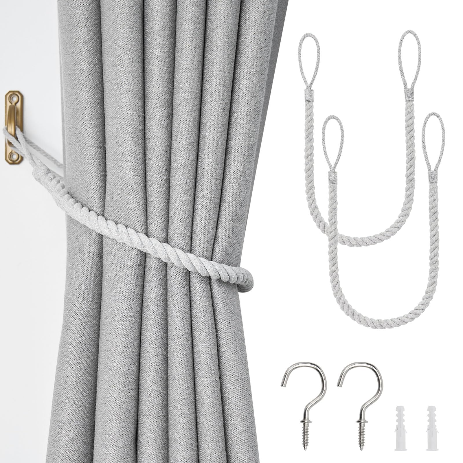 Pretty Jolly 2 Pack Natural Cotton Rope Curtain Tiebacks Boho Rustic Style Decorative Drape Tie Backs Hand-Woven Rope Curtain Holdbacks with Metal Hook for Home & Office Drapery (Cotton-Light Grey)
