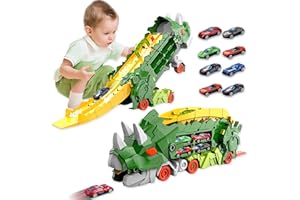 HACOCOLA Dinosaur Transporter Truck Foldable Sliding Race Track Toy with 8 Toy Cars for Kids Age 3 4 5 6 7 8 (Green)