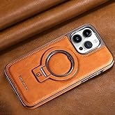 Rotroyce Luxury Leather Invisible Stand for iPhone Case, iPhone Leather Case with Magsafe, Case Drop Protection for iPhone 15/14/13/12 Pro Max (Brown, for iPhone 14 ProMax)