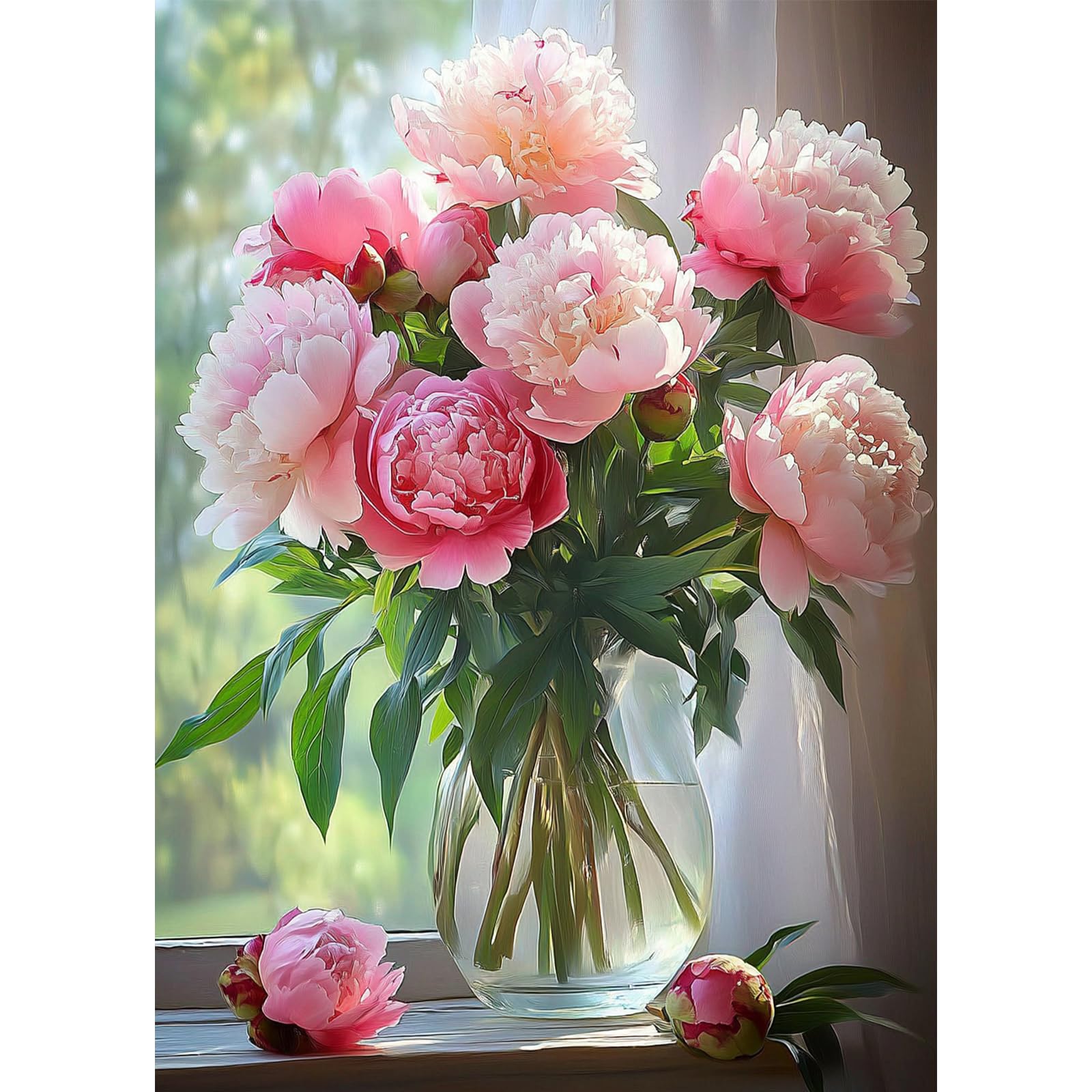 QENSPE 5D Diamond Painting Flowers Diamond Art Kits for Adults, Round Full Drill Peony Diamond Painting Kit with Tools, DIY Crystal Gem Art Craft for Home Wall Decor 12x16 inch